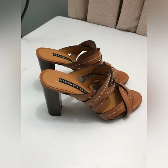 Veronica Beard Macey Vachetta Stich Leather Heel Sandals Sz 39.5 - Picture 2 of 9